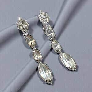Vintage Clear Ice Rhinestone Eisenberg Style Drop Earrings Silver Deco Clip-On